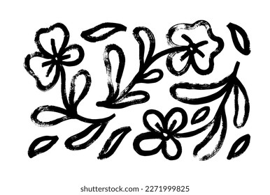 Hand drawn black paint chamomiles vector set. Ink drawing flowers and leaves in naive style, childish or primitive drawing. Black and white vector botanical illustration. Abstract blossom with stems.