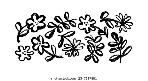 Hand drawn black paint chamomiles vector set. Ink drawing flowers and leaves in naive style, childish or primitive drawing. Black and white vector botanical illustration. Abstract blossom with stems.