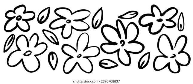 Chamomiles de pintura negra dibujados a mano. Tinta dibujando flores y hojas en un estilo ingenuo, infantil o primitivo. ilustración botánica.  Vector blanco y negro.  Flor abstracta con tallos.