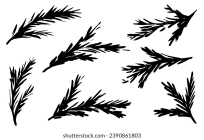 Hand drawn black paint Christmas trees. Ink drawing  in naive style, childish or primitive drawing.  illustration.  Black and white vector. 
