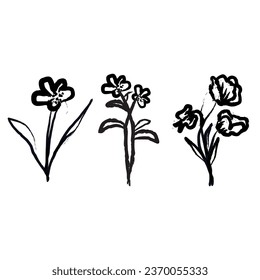 Juego de vectores de flores de pintura negra dibujado a mano. Flores y hojas de dibujo en tinta de estilo naive, ilustración botánica vectorial en blanco y negro. Flor abstracta con tallos.