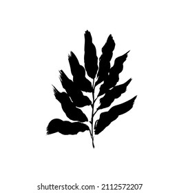 Hand drawn black palm leaf silhouette. Vector design element with ink and brush. Tropical plant, vector long branch. Hand drawn foliage, tree twig. Clip art isolated on white