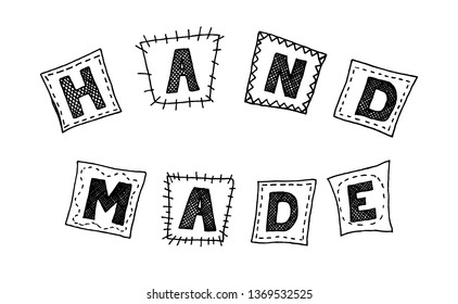 Hand drawn black pattern with the inscription "Hand Made" on white background. Vector illustration in doodle style