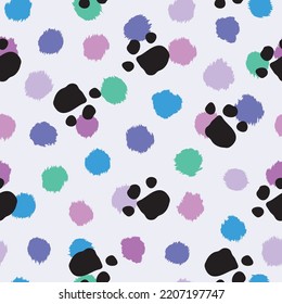 Hand drawn black paw and vivid spot pattern. 