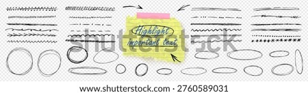 Hand drawn black pen circle underline strokes with doodle arrow elements set. Vector kit bundle for highlight text using scribble oval lines on like transparent png background
