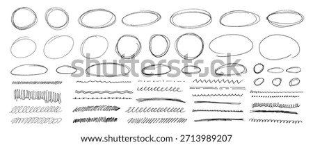 Hand drawn black pen collection showing round circle underline marks with doodle lines and strokes accents forming vector set kit bundle designed to highlight text through scribble oval line style.