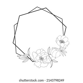 Hand drawn black peony flower and hexagon frame in cute doodle style on white background. Luxury vector llustration for postcard, wedding invitations, birthday, quotes,thank you card. Copy space