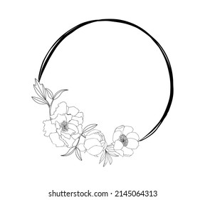 Hand drawn black peony flower round wreath in cute doodle style. Luxury elegant vector illustration for postcard, wedding invitations, birthday, quotes, thank you card, cosmetics. Copy space for text