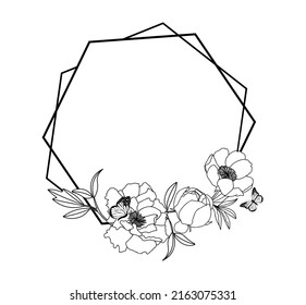 Hand drawn black peony flower and hexagon frame with butterflies on white background. Luxury vector llustration for postcard, wedding invitations, birthday, quotes,thank you card. Copy space