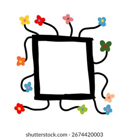 Hand drawn black photo frame with little colorful flowers isolated on a white background.