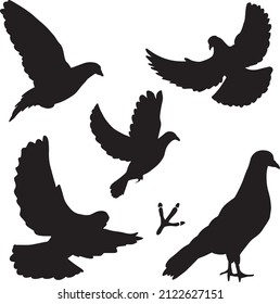 Hand drawn black pigeon silhouette birds, vector file for logo and icon