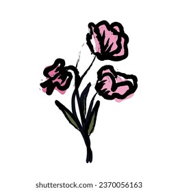 Hand drawn black and pink paint flowers vector.Ink drawing flowers and leaves in naive style,Black and pink botanical illustration. Abstract blossom with stems.