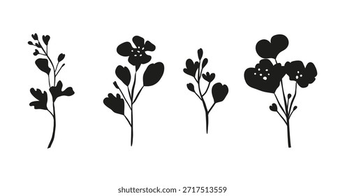 Hand drawn black rapeseed flower silhouettes isolated on white background. Blooming canola plants.