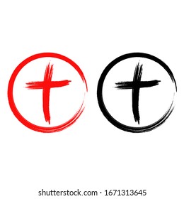 Icono de cruz negra y roja dibujada a mano,Signo de cruz cristiana, símbolo de cruz pintado a mano creado con pincel de tinta real