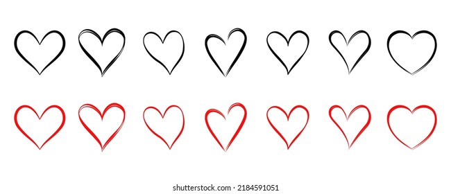 Hand drawn black and red heart. Set of hand drawn symbol love. Abstract sketch heart.