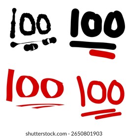 Dibujado a mano negro y rojo número 100 diseño de logotipo.