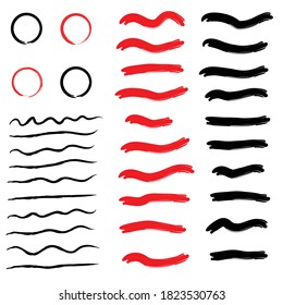 Hand Drawn Black And Red Underline / Circle Set Collection Vector