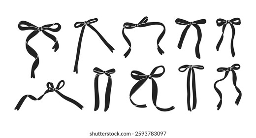Hand drawn Black ribbon bow collection, Silhouette icons with elegant ribbons and ties.
