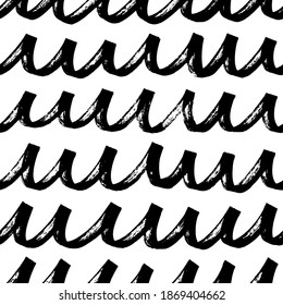 Hand drawn black rippled lines vector seamless pattern. Horizontal curly brush strokes, swirled grunge lines. Black paint hand drawn background. Geometric ornament for wrapping paper. 