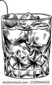 Handgezeichnet Schwarz Russisch Cocktail Drink Skizze Illustration Gravur Holzschnitt Stil