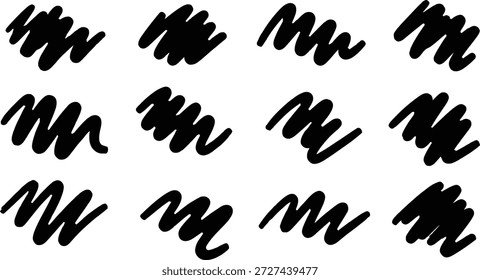 Dibujado a mano Negro Scribble Brush Strokes Set, Marcador Abstractas Destacados y Rough Doodle Lines Colección para el diseño, Censor, Énfasis, Decoración, Estilo Mínimo Aislado en Blanco