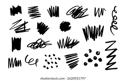Handgetekende Black Scribble Element. Een verzameling van 19 unieke handgetekende zwarte krabbelelementen, waaronder wervelingen, blokken, lijnen, stippen en chaotische vormen in ruwe artistieke stijl