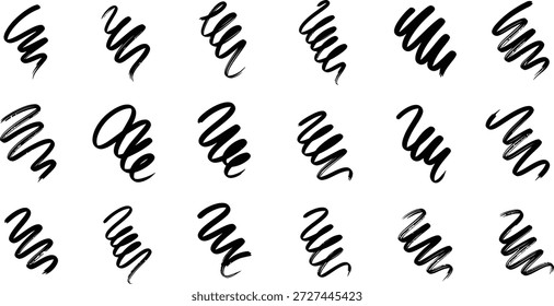 Juego de trazos de marcador de garabato negro dibujado a mano, Elementos Abstractas del realce del cepillo del garabato aislados en el fondo blanco