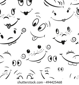 Hand drawn black seamless pattern on white background. Cartoon smiling faces on white background. Emotions texture: joy, laughter, fun and positive mood.