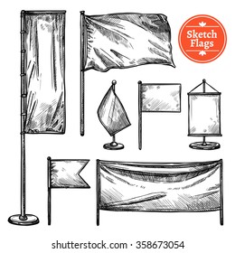 Hand drawn black set of flags with banner fluttering in wind ensign and pennant in retro style isolated vector illustration 