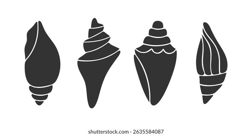 Conjunto de silhuetas preto Shell desenhadas à mão. Ícones de concha abstratos. Conchas orgânicas modernas para padrões de verão, cartazes de praia, marca de viagem, decoração de férias, logotipo natural, adesivo, arte de parede, 