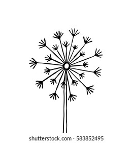 Hand drawn black silhouette dandelion on a white background.