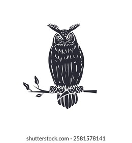 Hand drawn black silhouette eagle-owl sitting on tree branch isolated on white background. Monochrome nocturnal bird vector illustration.