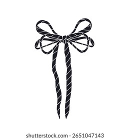 Hand drawn black silhouette fancy bow knot isolated on white background. Minimal linocut style cute coquette vector illustration