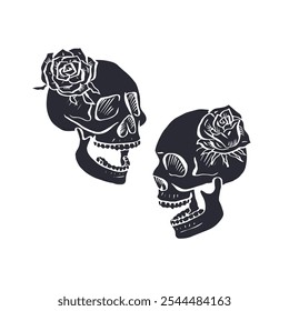 Hand drawn black silhouette floral human skull with rose wreath isolated on white background. Monochrome skeleton head with flowers desig