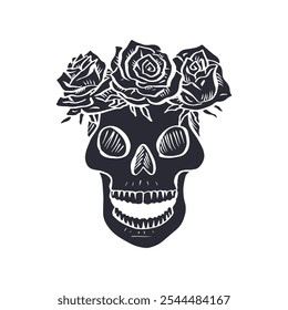 Hand drawn black silhouette floral human skull with rose wreath isolated on white background. Monochrome skeleton head with flowers desig