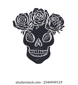 Hand drawn black silhouette floral human skull with rose wreath isolated on white background. Monochrome skeleton head with flowers desig