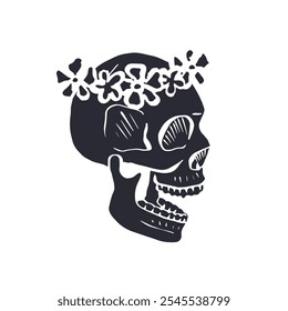 Hand drawn black silhouette floral human skull with wreath isolated on white background. Monochrome skeleton head with flowers design