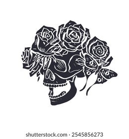 Hand drawn black silhouette floral human skull with rose wreath isolated on white background. Monochrome skeleton head with flowers desig