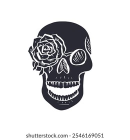 Hand drawn black silhouette floral human skull with rose in eye isolated on white background. Monochrome skeleton head with flowers design