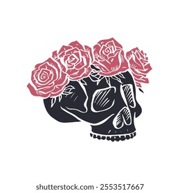 Hand drawn black silhouette floral human skull with rose wreath isolated on white background. Monochrome skeleton head with flowers design