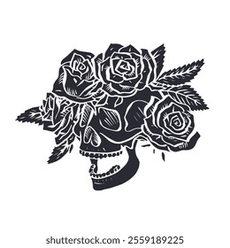 Hand drawn black silhouette floral human skull with rose wreath isolated on white background. Monochrome skeleton head with flowers design