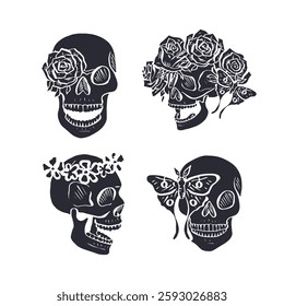 Hand drawn black silhouette floral human skulls with rose wreath bundle isolated on white background. Monochrome skeleton heads with flowers design set