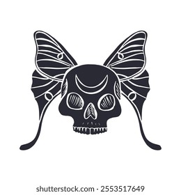 Hand drawn black silhouette of human skull with luna moth wings isolated on white background. Monochrome Bohemian skeleton head with butterfly design