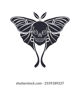 Hand drawn black silhouette of human skull with luna moth wings isolated on white background. Monochrome Bohemian skeleton head with butterfly design