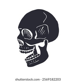 Hand drawn black silhouette human skull isolated on white background. Monochrome skeleton head desig