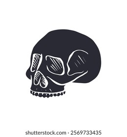 Hand drawn black silhouette of human skull isolated on white background. Monochrome skeleton head desig