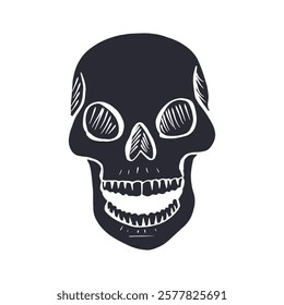 Hand drawn black silhouette human skull isolated on white background. Monochrome skeleton head desig