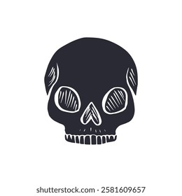 Hand drawn black silhouette of human skull isolated on white background. Monochrome skeleton head desig