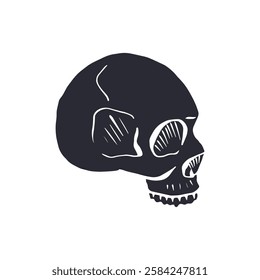 Hand drawn black silhouette of human skull isolated on white background. Monochrome skeleton head desig