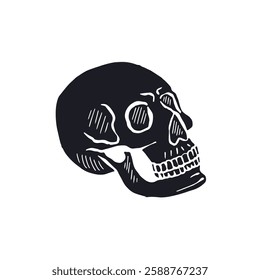 Hand drawn black silhouette human skull isolated on white background. Monochrome skeleton head design